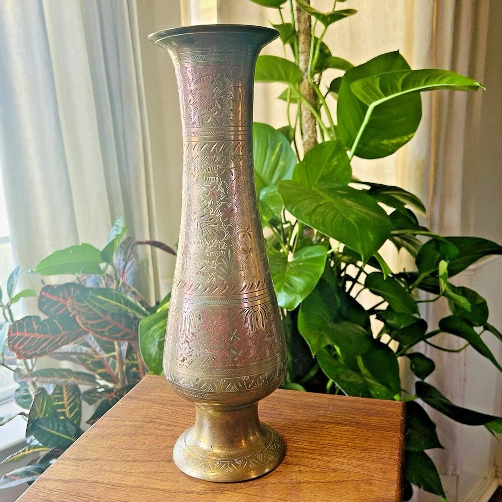 VTG Etched 14 inch Indian Brass Vase Colored Inlay Botanical Pattern Boho MCM